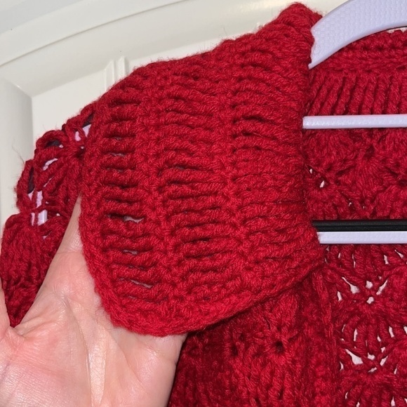 GORGEOUS red chunky crochet handknit open cardigan/cape/poncho boho grandma OS - Picture 5 of 10